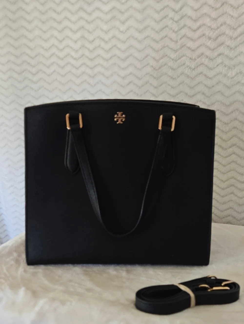 Tory Burch Black Leather Tote with Gold Hardware